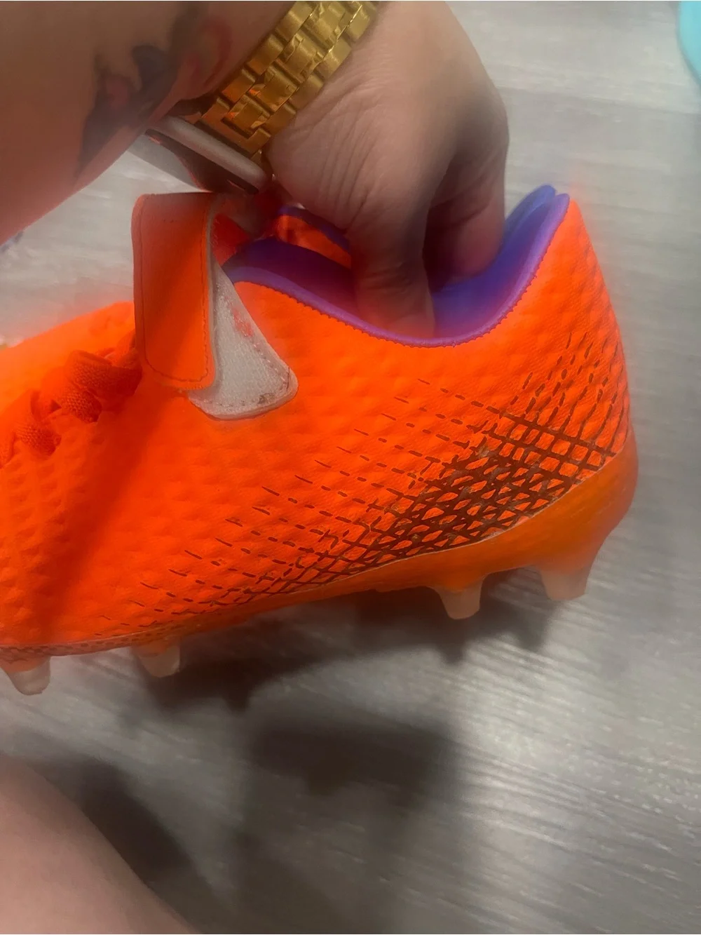 Kids Bright Orange Athletic Sneakers with Hook-and-Loop Strap cleats